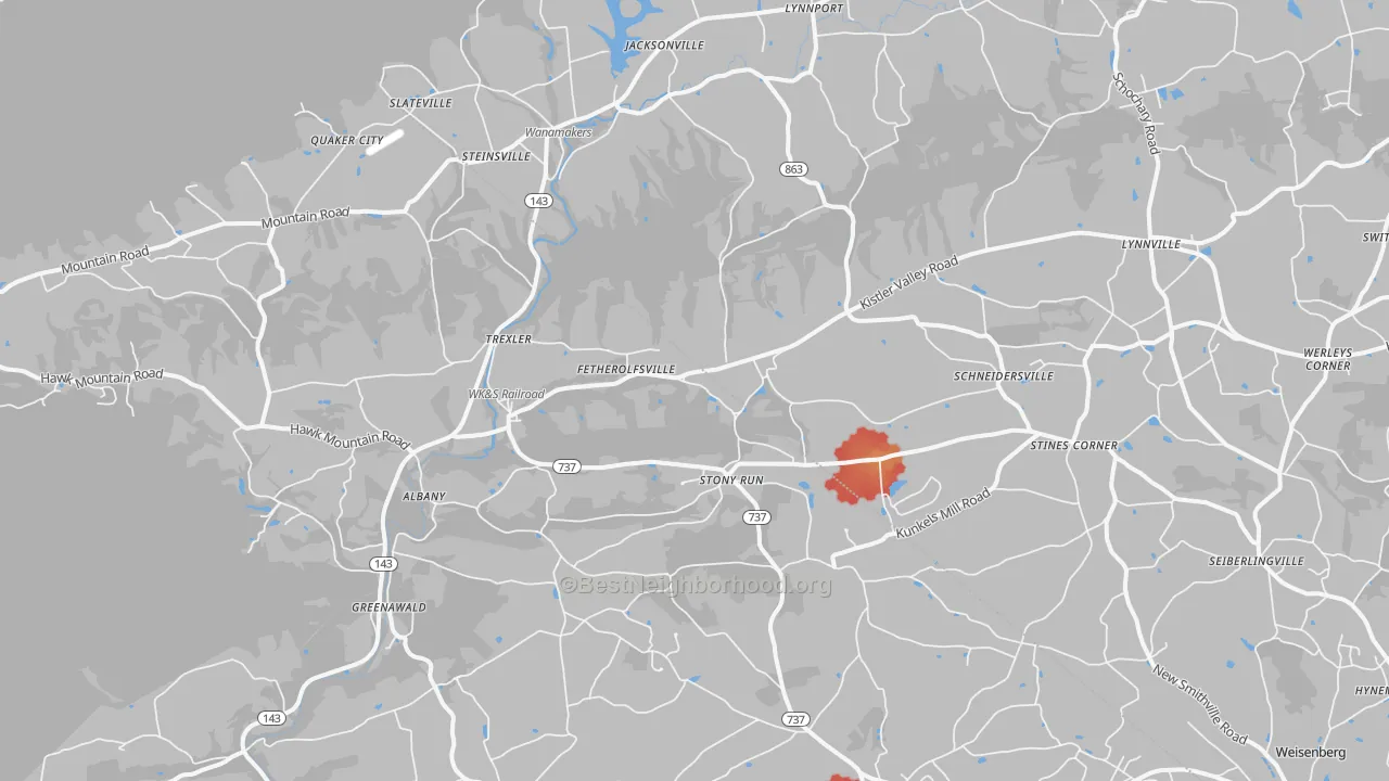 Walk Grade map of Kempton, PA, walkable areas in green and car-dependent areas in red
