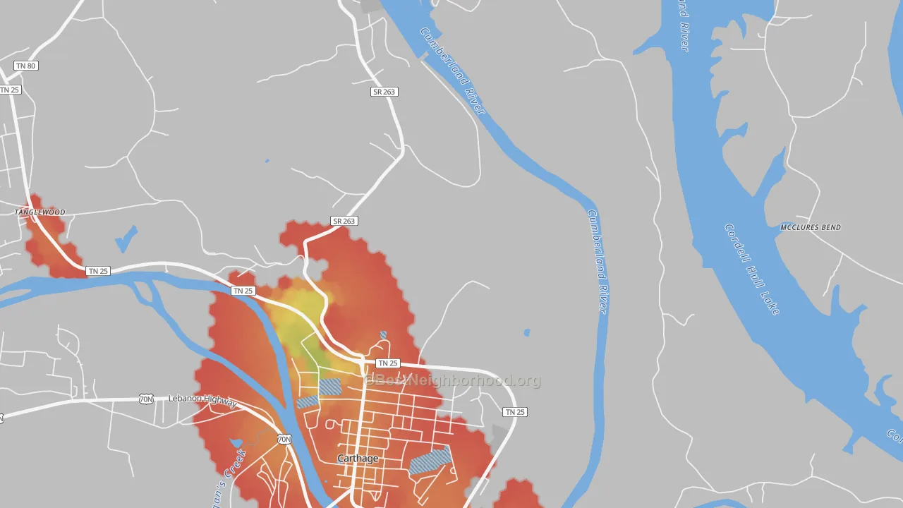 Walk Grade map of Kempville, TN, walkable areas in green and car-dependent areas in red