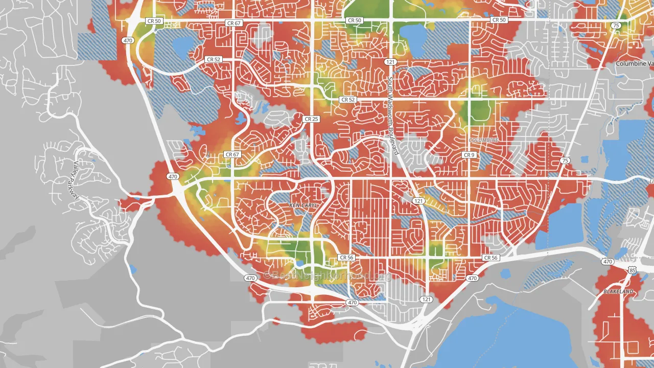 Walk Grade map of Ken Caryl, CO, walkable areas in green and car-dependent areas in red