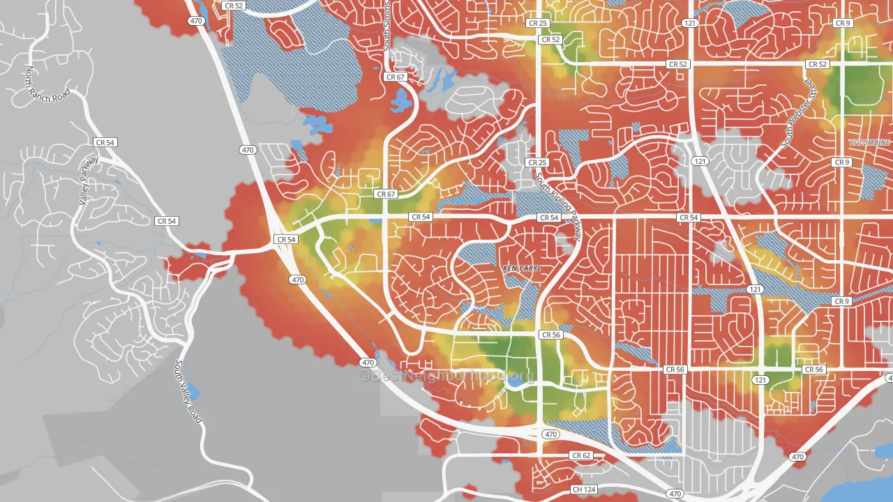Walk Grade map of Ken Caryl Ranch Plains, Ken Caryl, CO, walkable areas in green and car-dependent areas in red