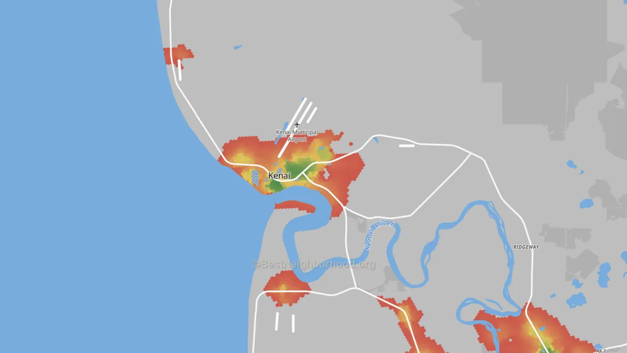 Walk Grade map of Kenai, AK, walkable areas in green and car-dependent areas in red