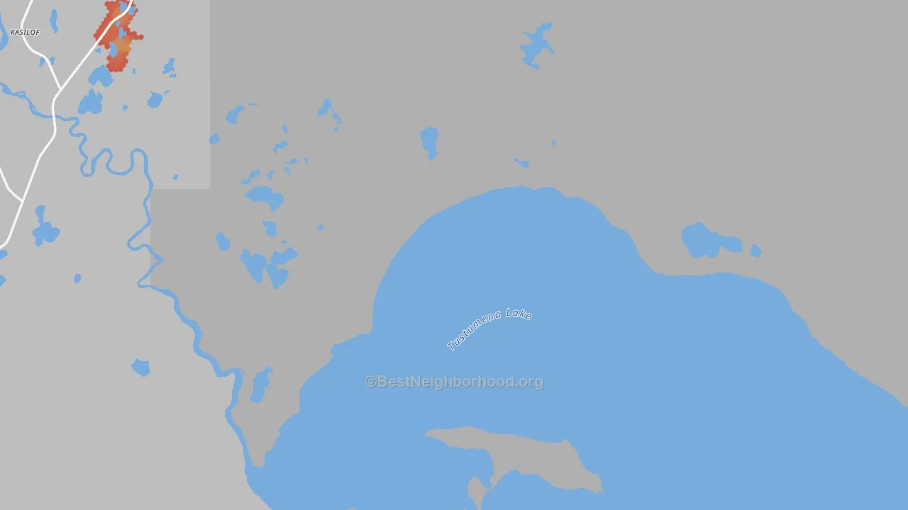 Walk Grade map of Kenai Peninsula Borough, AK, walkable areas in green and car-dependent areas in red
