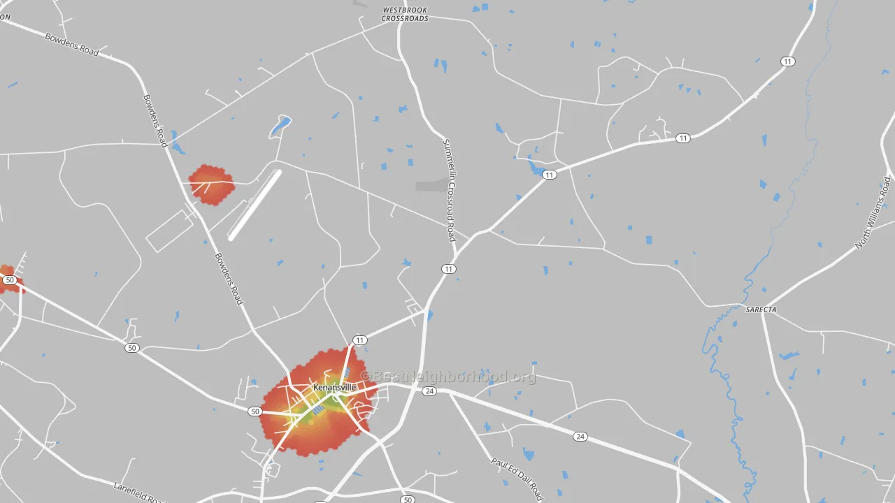 Walk Grade map of Kenansville, NC, walkable areas in green and car-dependent areas in red