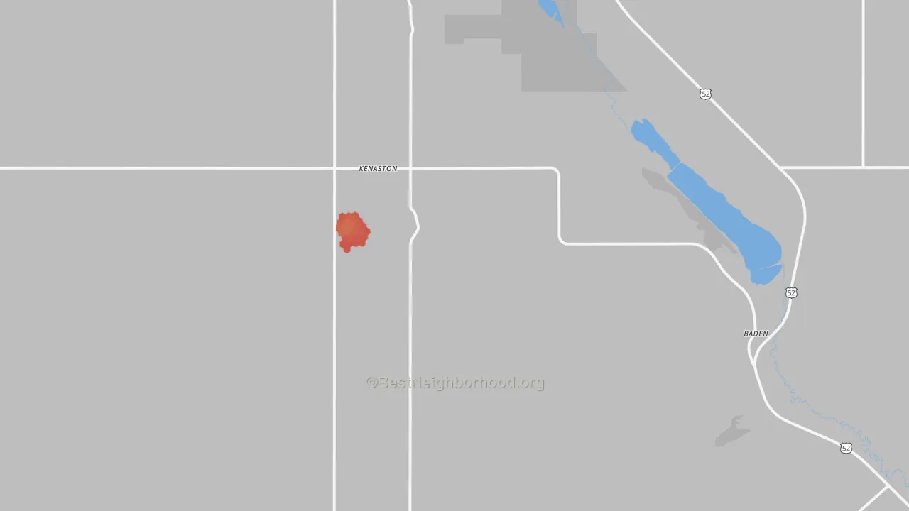 Walk Grade map of Kenaston, ND, walkable areas in green and car-dependent areas in red