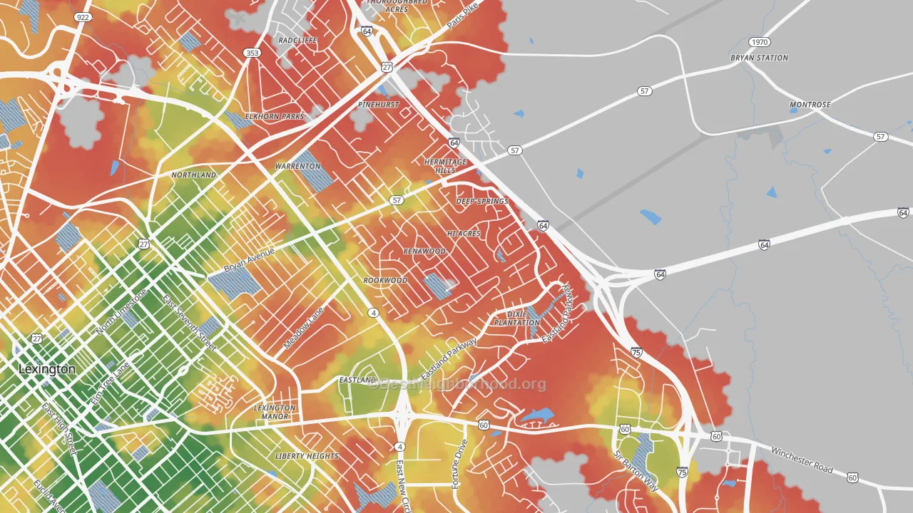 Walk Grade map of Kenawood-Rockwood, Lexington, KY, walkable areas in green and car-dependent areas in red