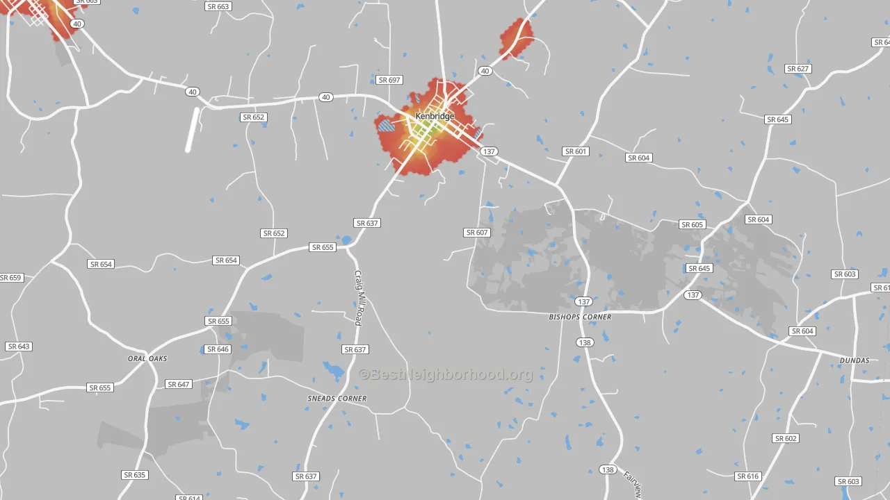 Walk Grade map of Kenbridge, VA, walkable areas in green and car-dependent areas in red