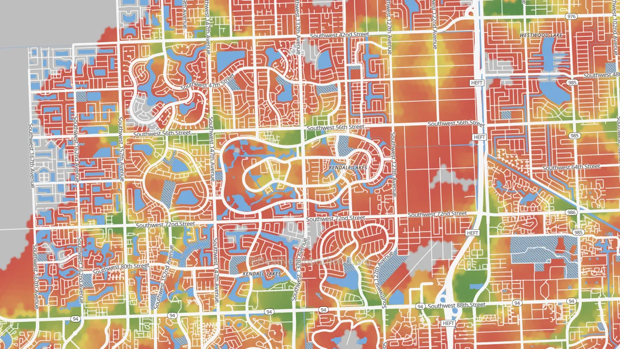 Walk Grade map of Kendale Lakes, FL, walkable areas in green and car-dependent areas in red