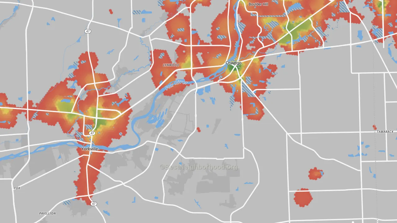 Walk Grade map of Kendall County, IL, walkable areas in green and car-dependent areas in red