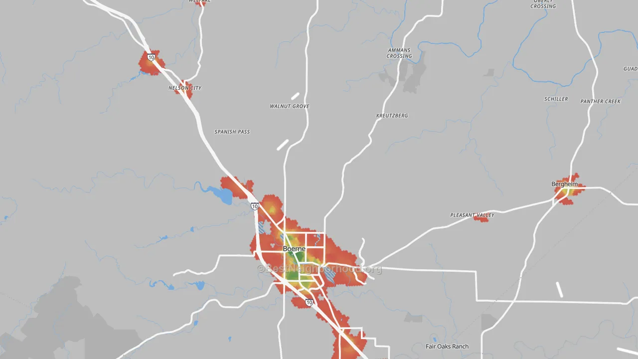 Walk Grade map of Kendall County, TX, walkable areas in green and car-dependent areas in red