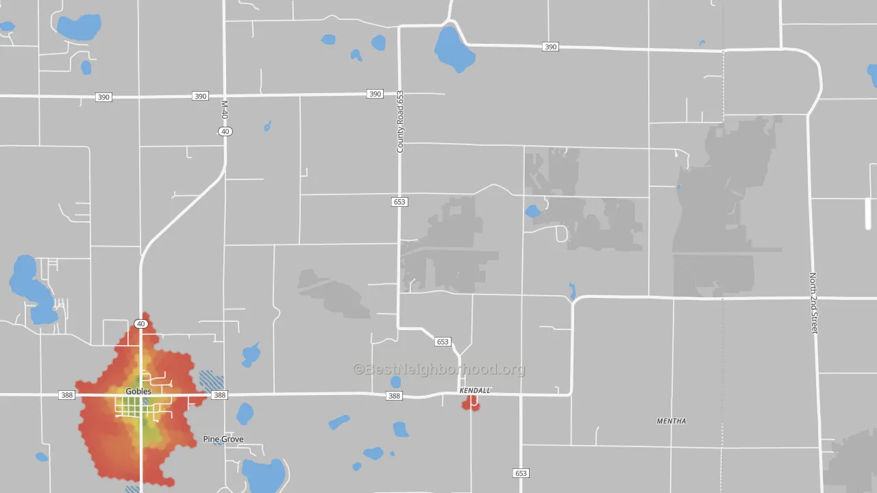 Walk Grade map of Kendall, MI, walkable areas in green and car-dependent areas in red