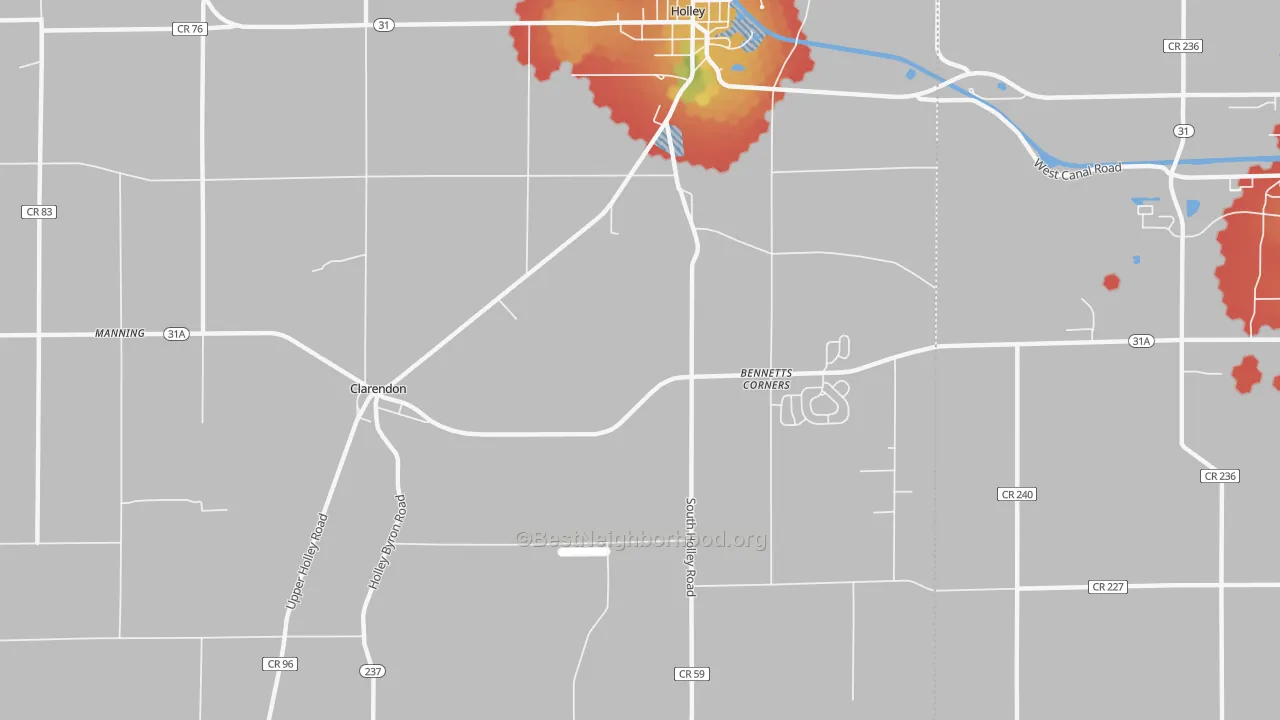Walk Grade map of Kendall Mills, NY, walkable areas in green and car-dependent areas in red