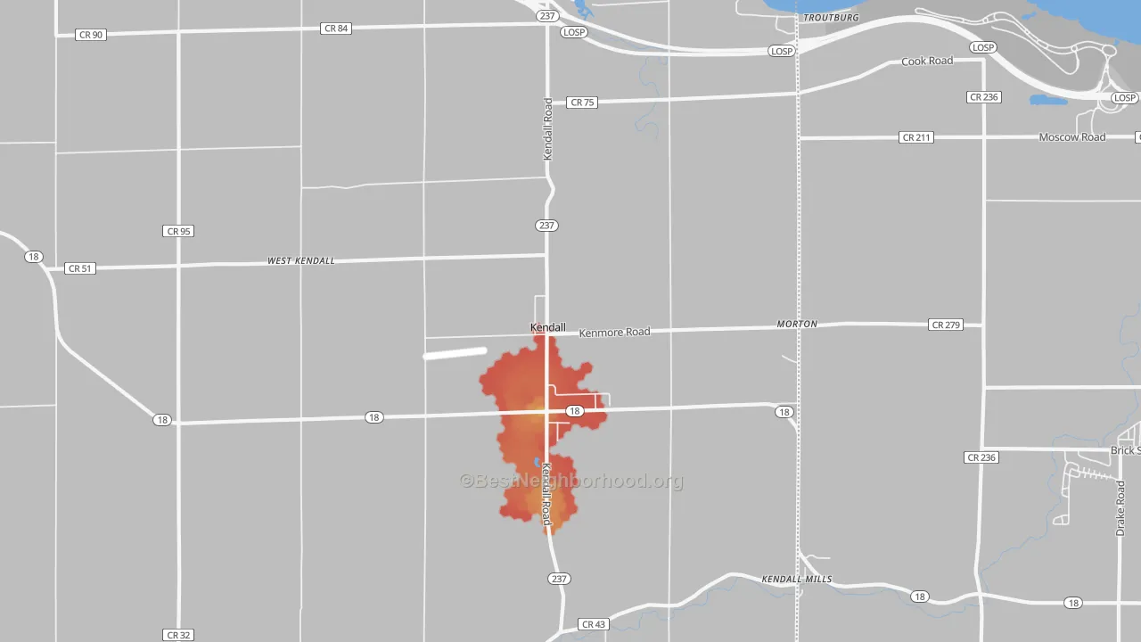Walk Grade map of Kendall, NY, walkable areas in green and car-dependent areas in red
