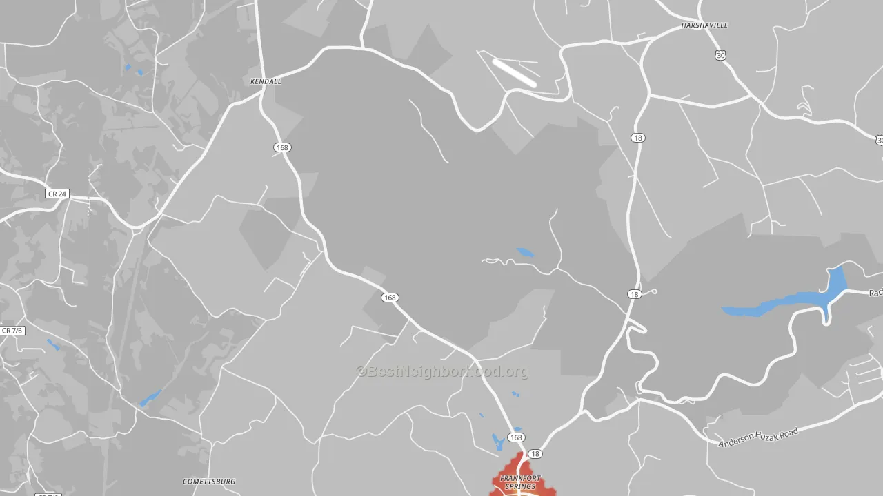 Walk Grade map of Kendall, PA, walkable areas in green and car-dependent areas in red