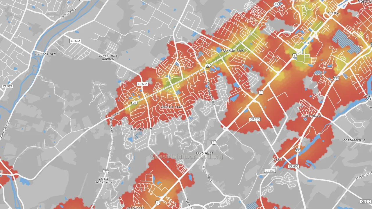 Walk Grade map of Kendall Park, NJ, walkable areas in green and car-dependent areas in red
