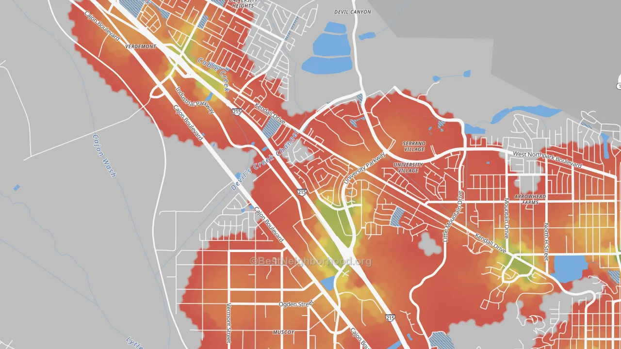 Walk Grade map of Kendall, San Bernardino, CA, walkable areas in green and car-dependent areas in red