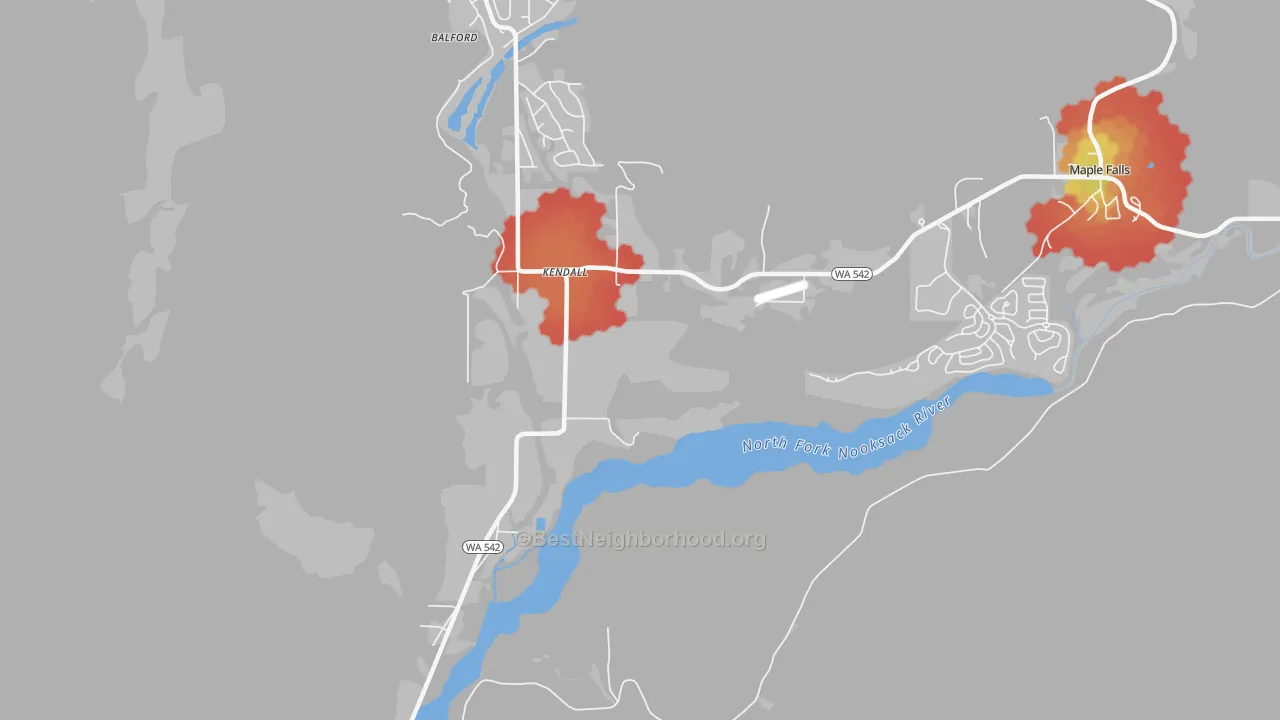 Walk Grade map of Kendall, WA, walkable areas in green and car-dependent areas in red
