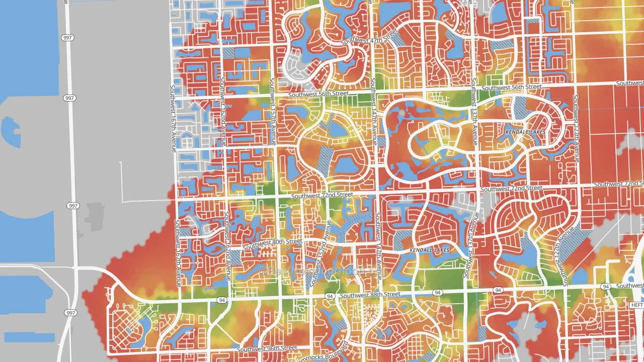 Walk Grade map of Kendall West, FL, walkable areas in green and car-dependent areas in red