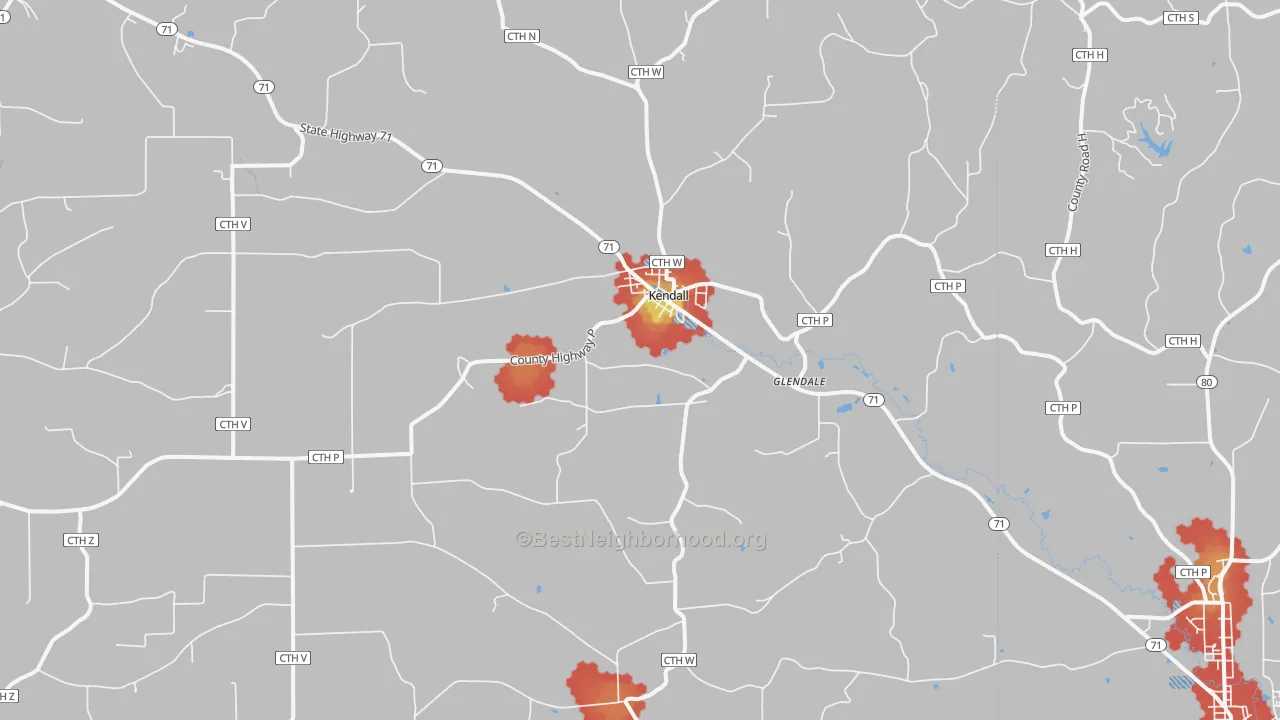 Walk Grade map of Kendall, WI, walkable areas in green and car-dependent areas in red