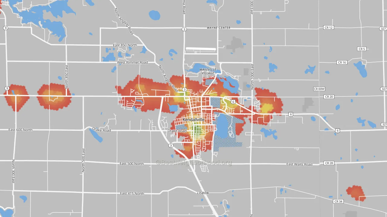 Walk Grade map of Kendallville, IN, walkable areas in green and car-dependent areas in red