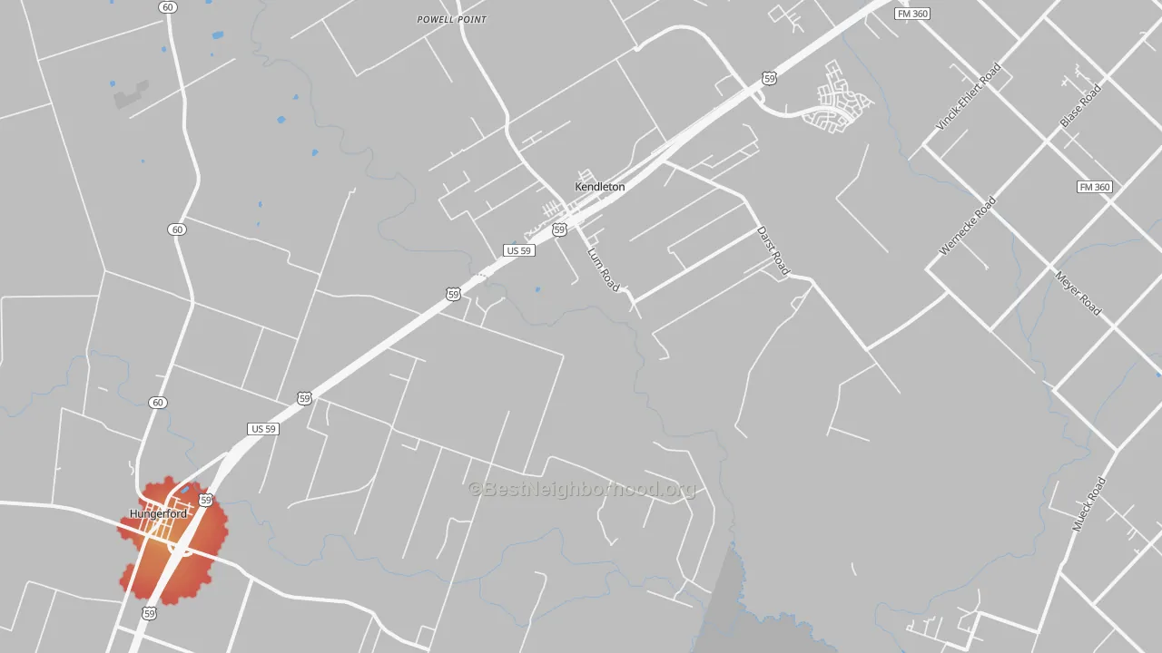 Walk Grade map of Kendleton, TX, walkable areas in green and car-dependent areas in red