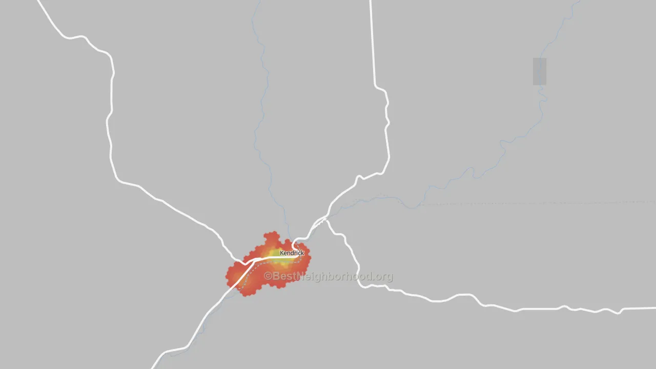 Walk Grade map of Kendrick, ID, walkable areas in green and car-dependent areas in red