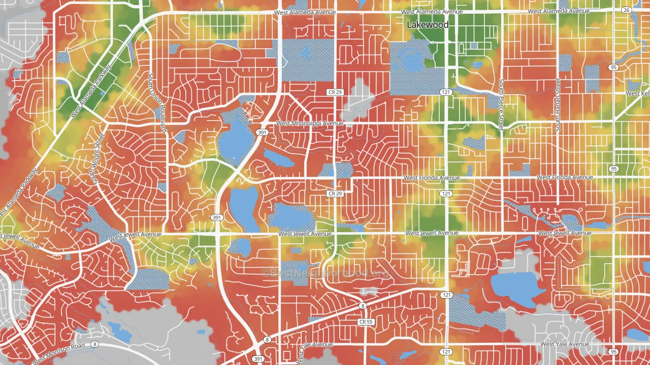Walk Grade map of Kendrick Lake, Lakewood, CO, walkable areas in green and car-dependent areas in red