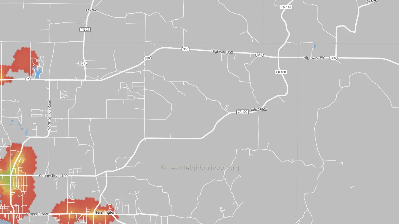 Walk Grade map of Kendrick, MS, walkable areas in green and car-dependent areas in red