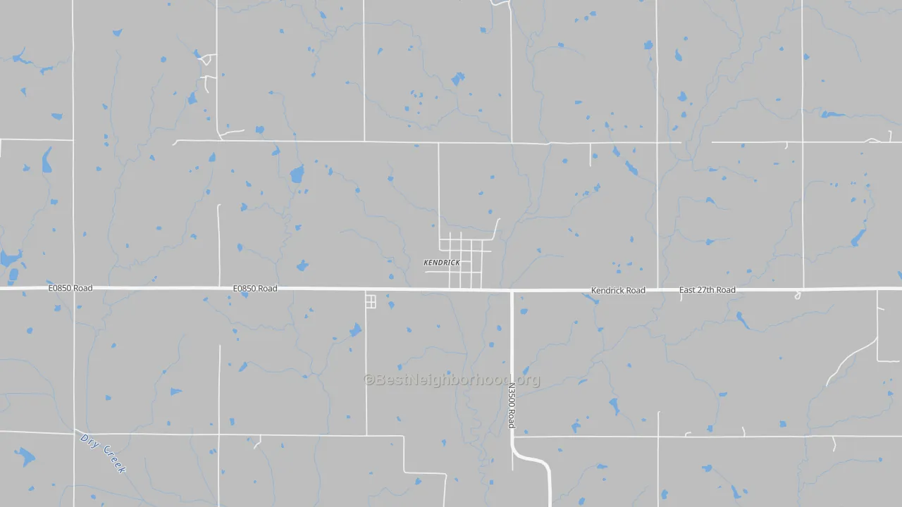 Walk Grade map of Kendrick, OK, walkable areas in green and car-dependent areas in red