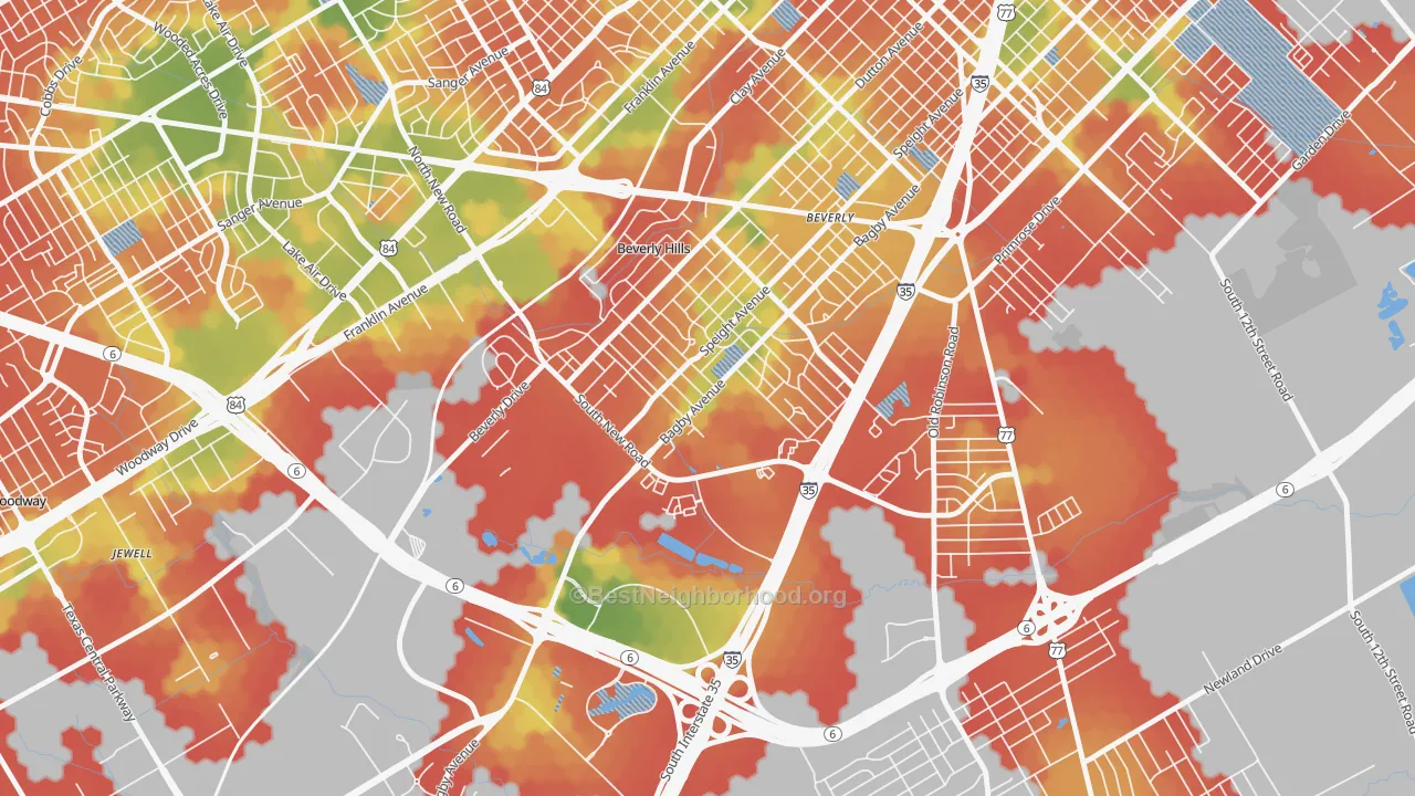 Walk Grade map of Kendrick, Waco, TX, walkable areas in green and car-dependent areas in red