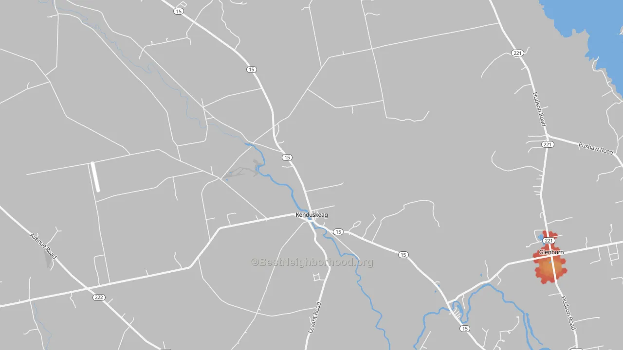 Walk Grade map of Kenduskeag, ME, walkable areas in green and car-dependent areas in red