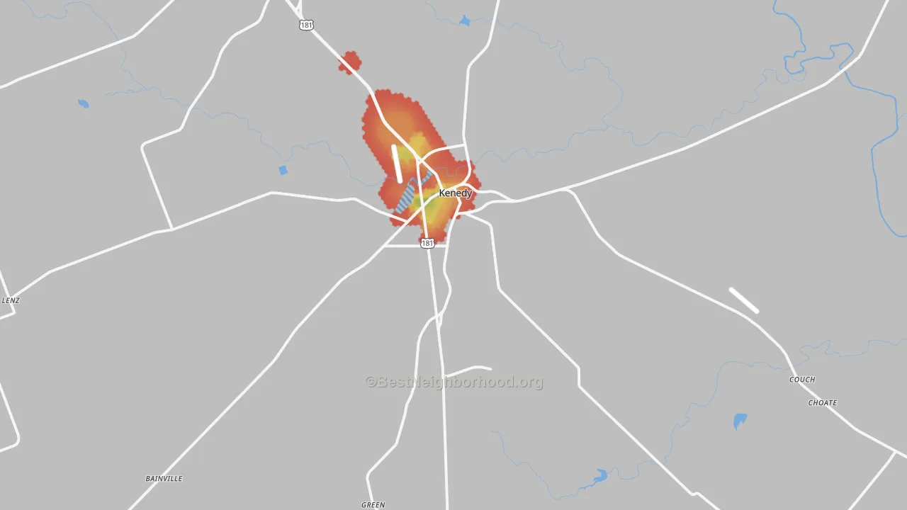 Walk Grade map of Kenedy, TX, walkable areas in green and car-dependent areas in red