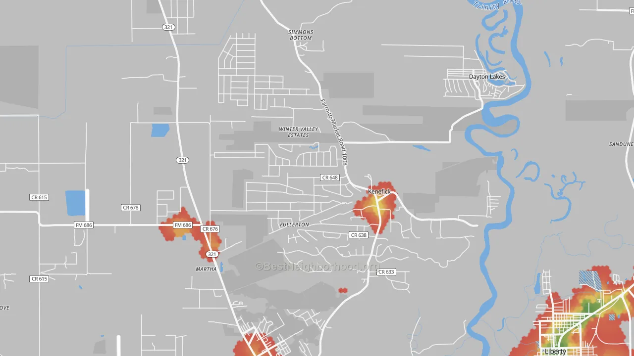 Walk Grade map of Kenefick, TX, walkable areas in green and car-dependent areas in red