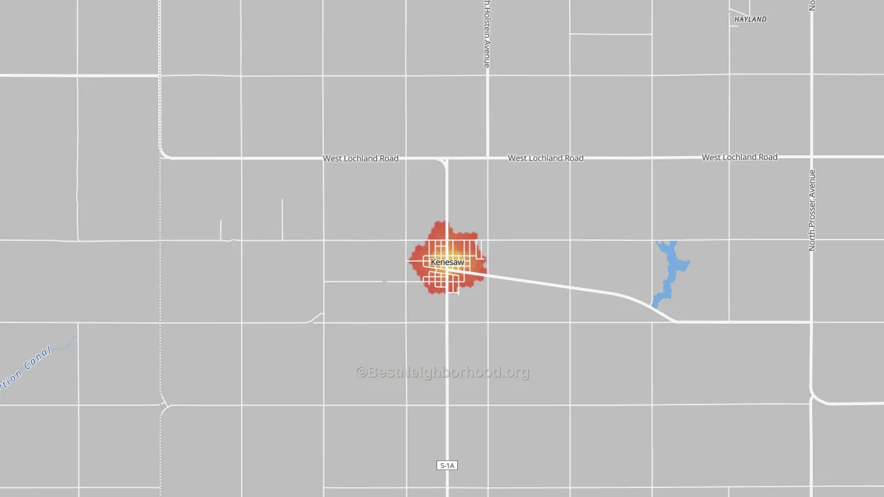 Walk Grade map of Kenesaw, NE, walkable areas in green and car-dependent areas in red