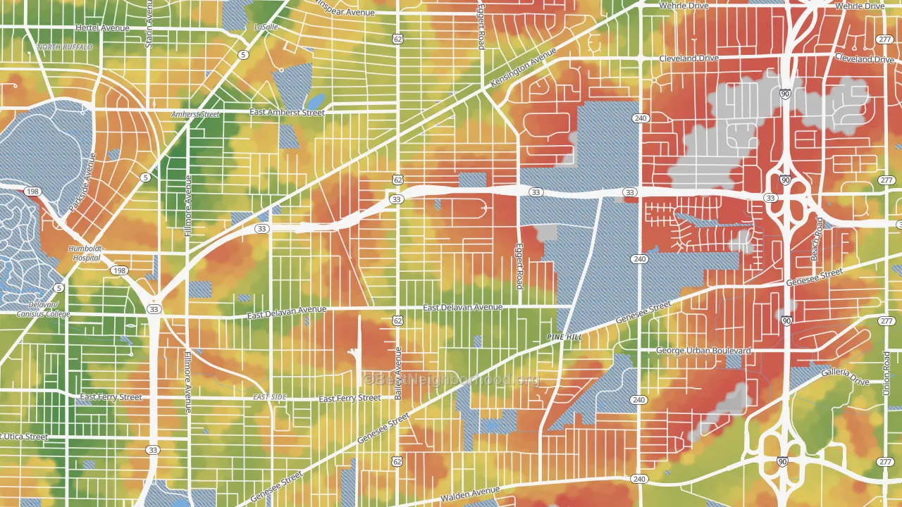 Walk Grade map of Kenfield, Buffalo, NY, walkable areas in green and car-dependent areas in red