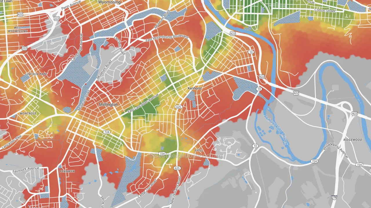 Walk Grade map of Kenhorst, PA, walkable areas in green and car-dependent areas in red