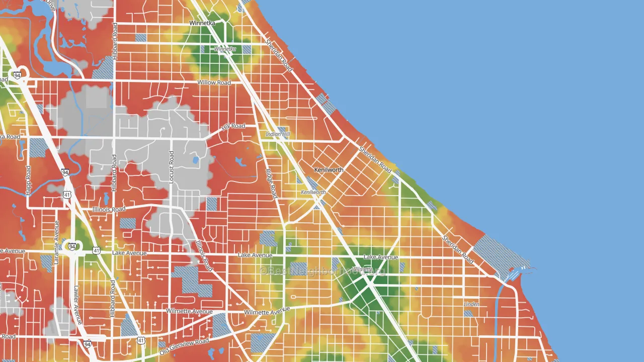 Walk Grade map of Kenilworth, IL, walkable areas in green and car-dependent areas in red
