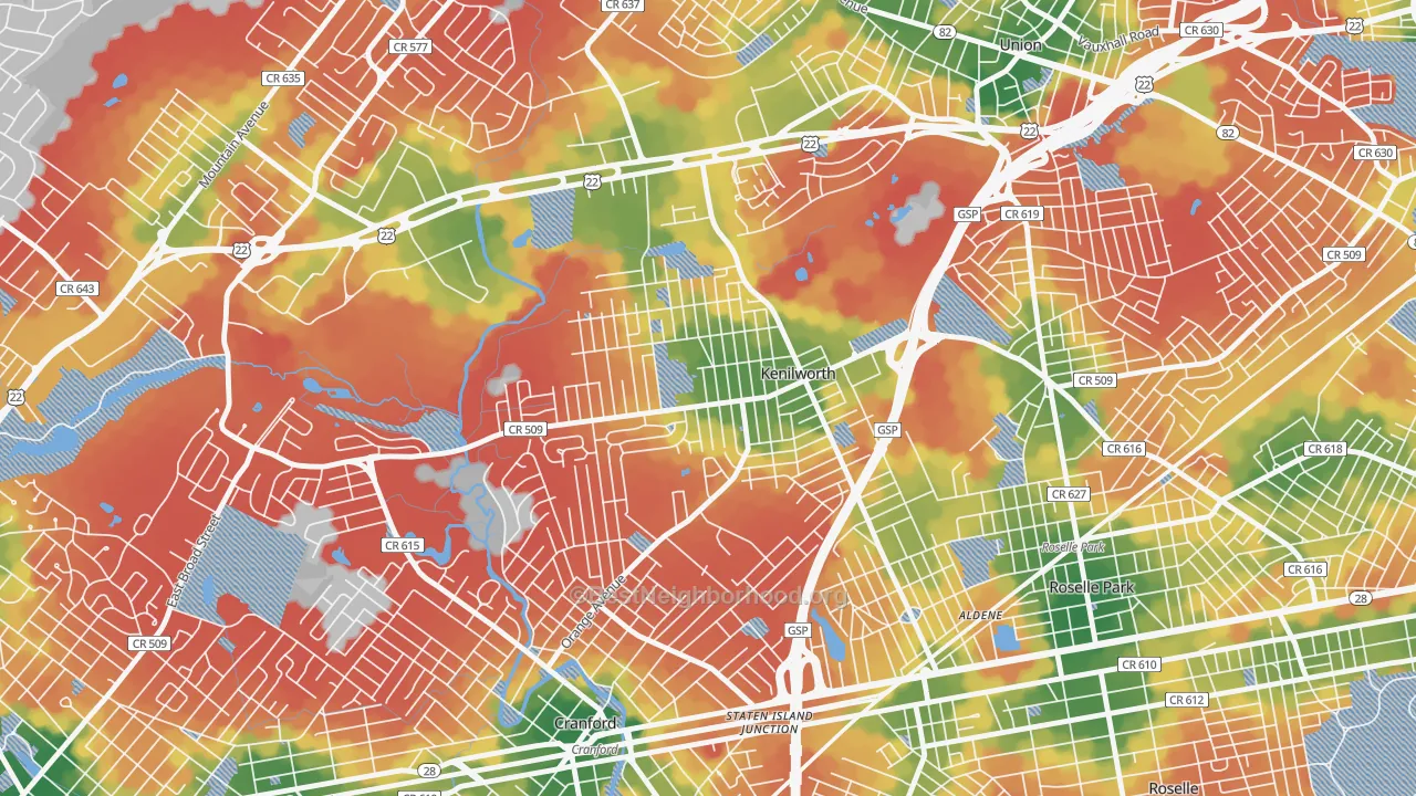 Walk Grade map of Kenilworth, NJ, walkable areas in green and car-dependent areas in red