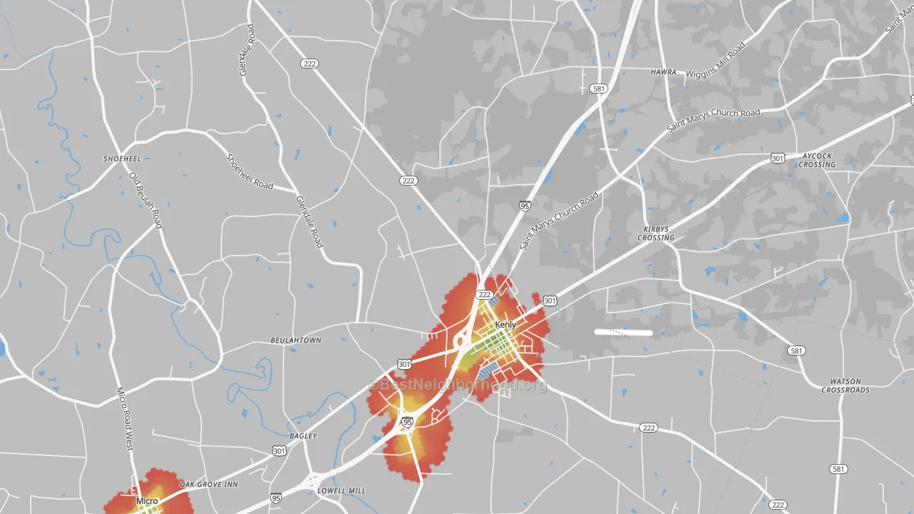 Walk Grade map of Kenly, NC, walkable areas in green and car-dependent areas in red