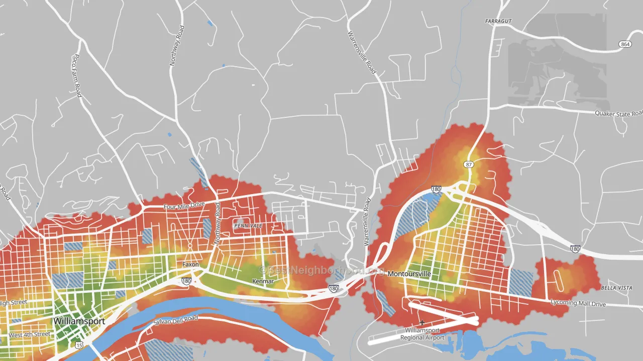 Walk Grade map of Kenmar, PA, walkable areas in green and car-dependent areas in red