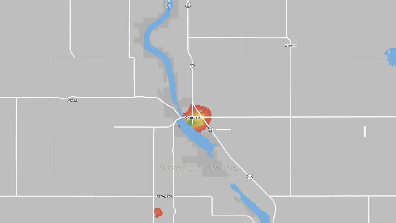 Walk Grade map of Kenmare, ND, walkable areas in green and car-dependent areas in red