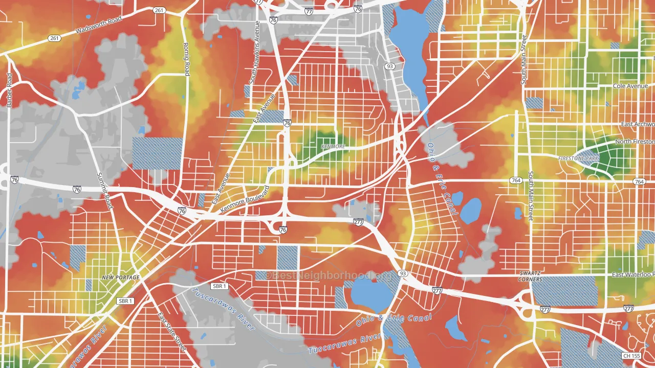 Walk Grade map of Kenmore, Akron, OH, walkable areas in green and car-dependent areas in red