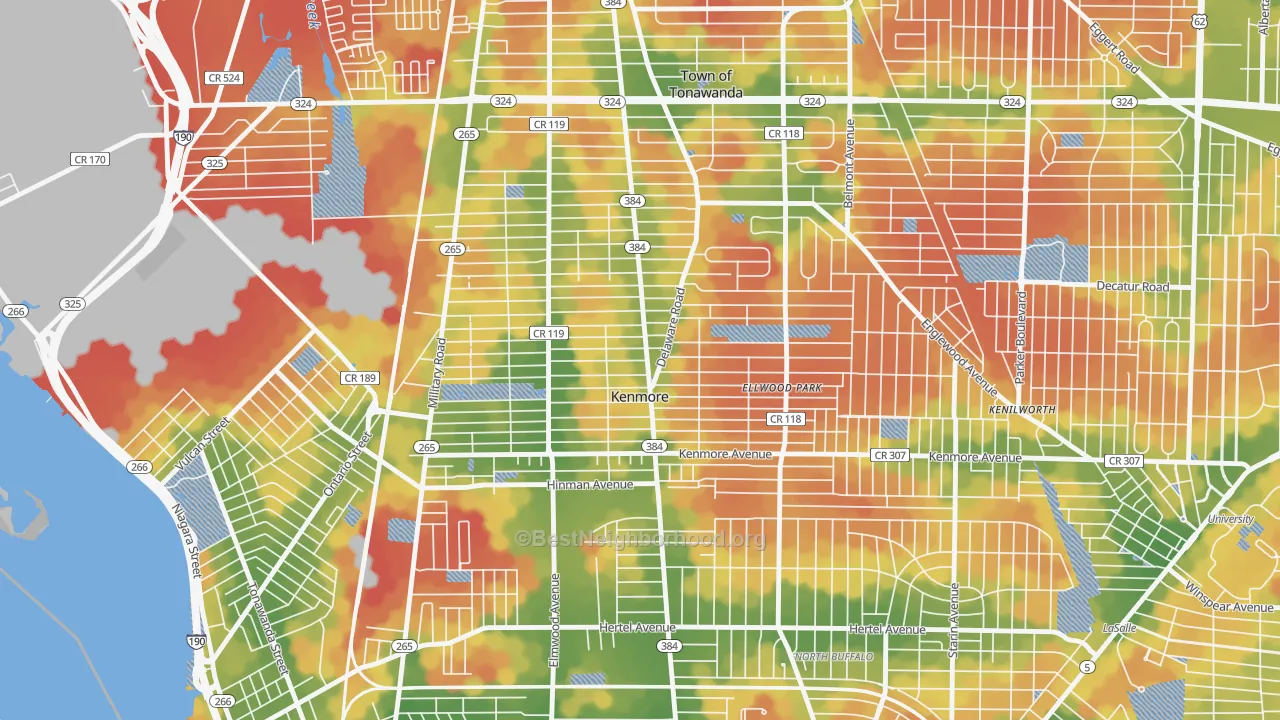 Walk Grade map of Kenmore, NY, walkable areas in green and car-dependent areas in red