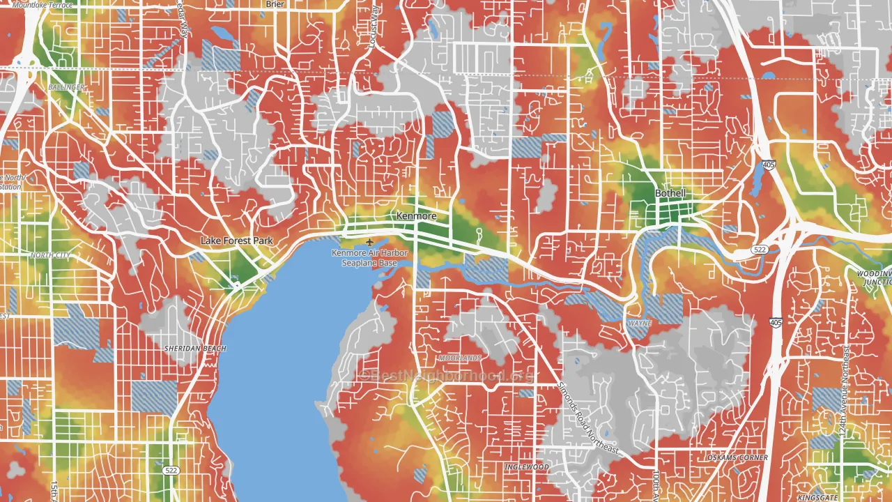 Walk Grade map of Kenmore, WA, walkable areas in green and car-dependent areas in red