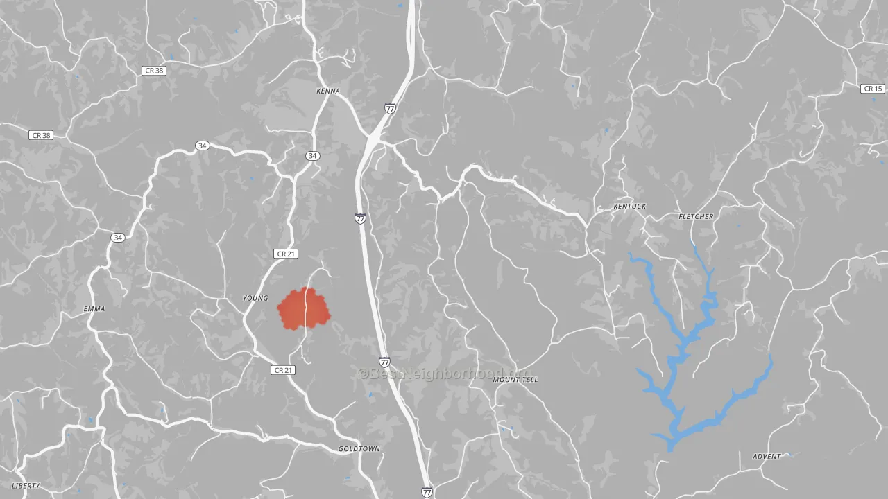 Walk Grade map of Kenna, WV, walkable areas in green and car-dependent areas in red
