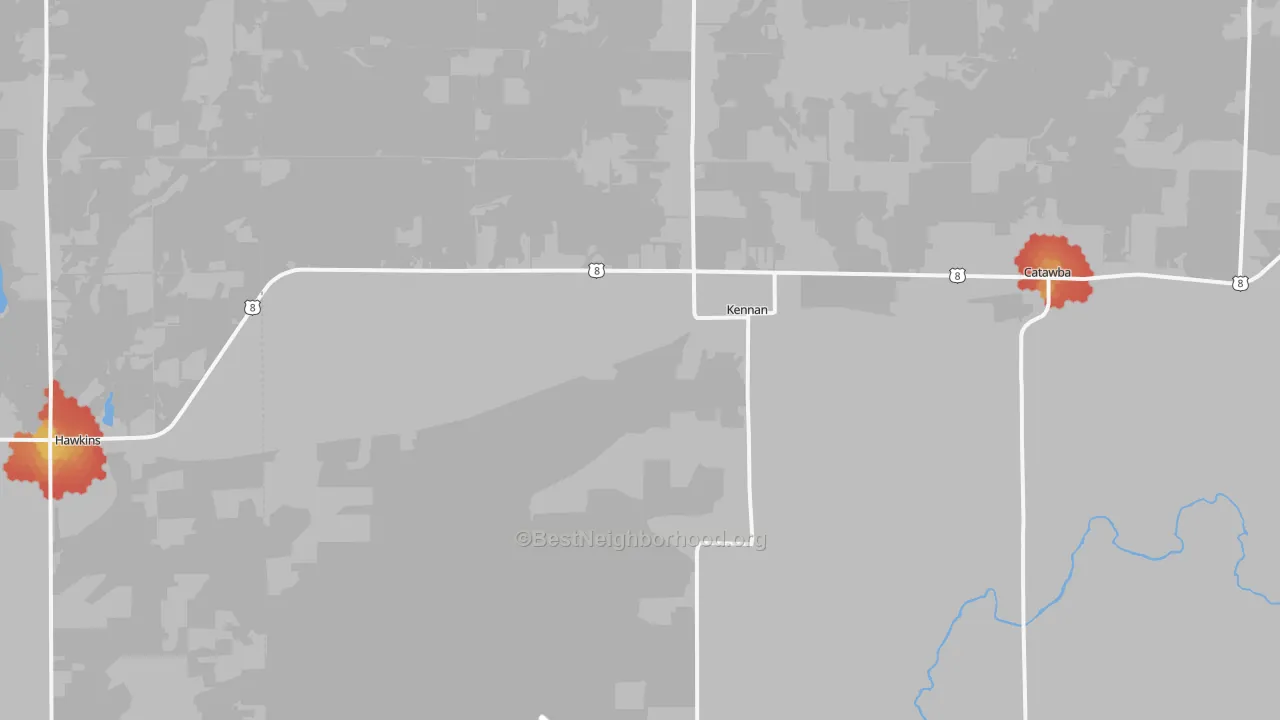 Walk Grade map of Kennan, WI, walkable areas in green and car-dependent areas in red