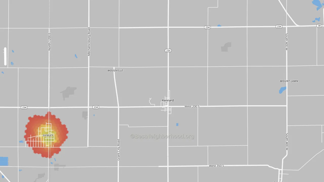 Walk Grade map of Kennard, IN, walkable areas in green and car-dependent areas in red