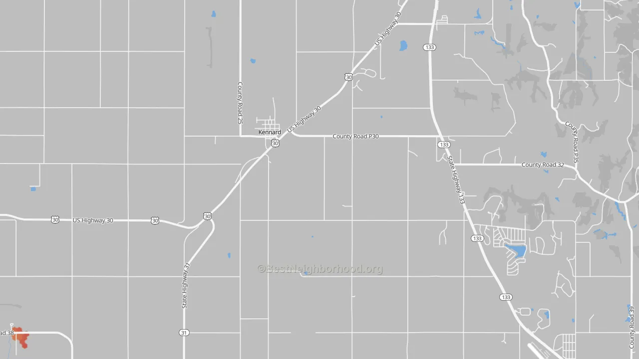 Walk Grade map of Kennard, NE, walkable areas in green and car-dependent areas in red