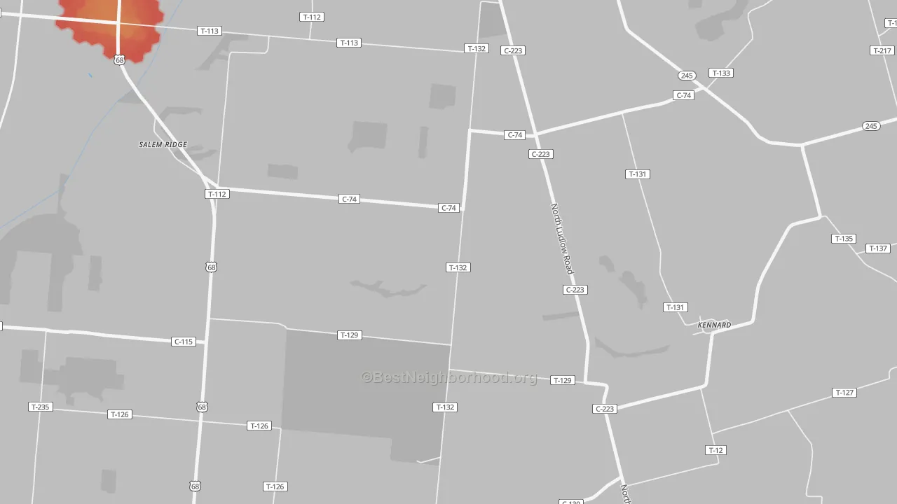 Walk Grade map of Kennard, OH, walkable areas in green and car-dependent areas in red