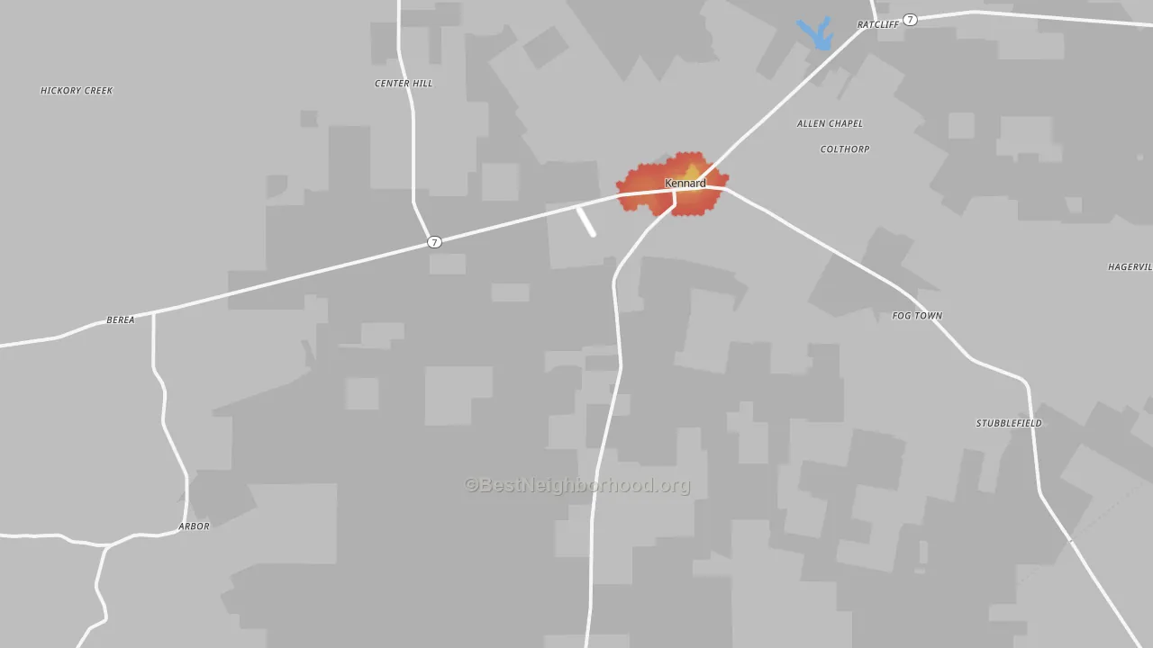 Walk Grade map of Kennard, TX, walkable areas in green and car-dependent areas in red