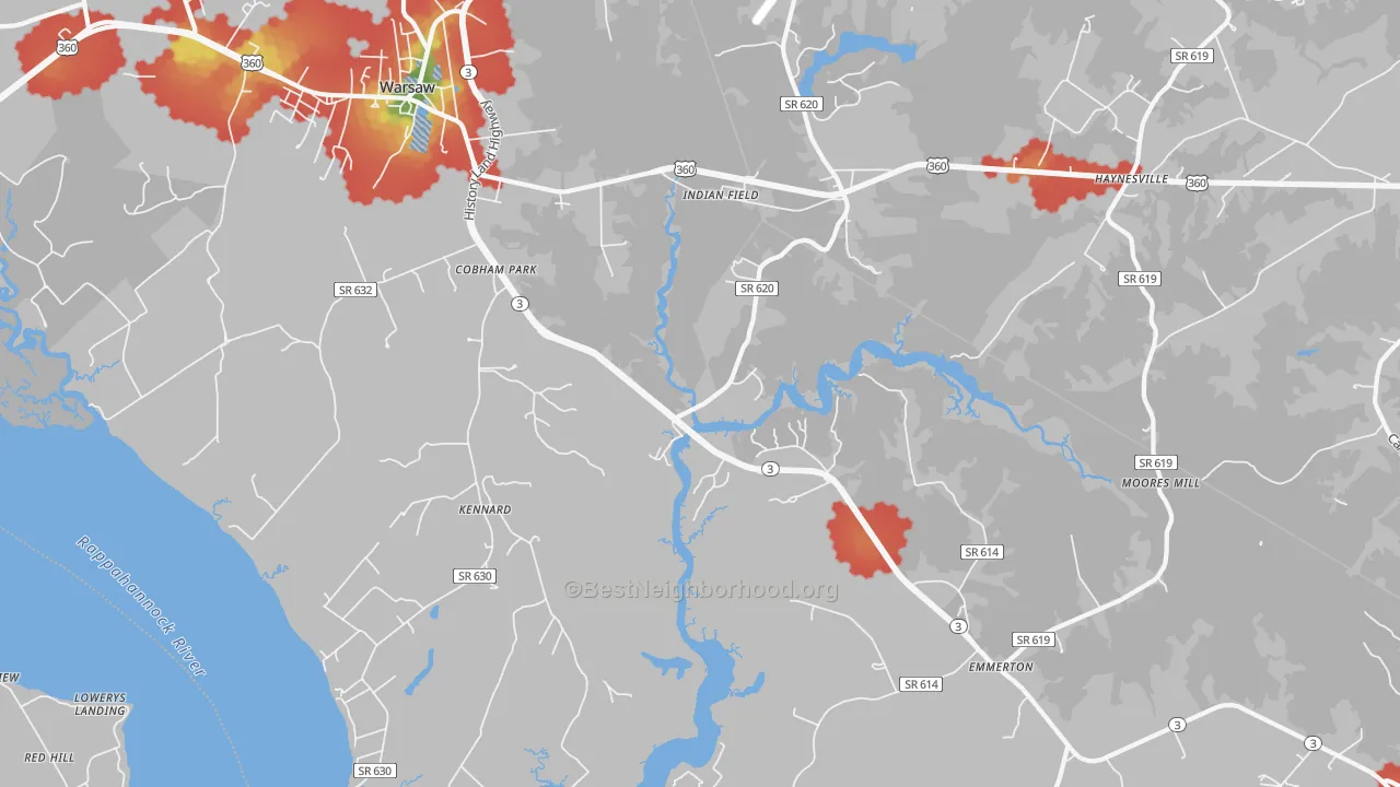 Walk Grade map of Kennard, VA, walkable areas in green and car-dependent areas in red
